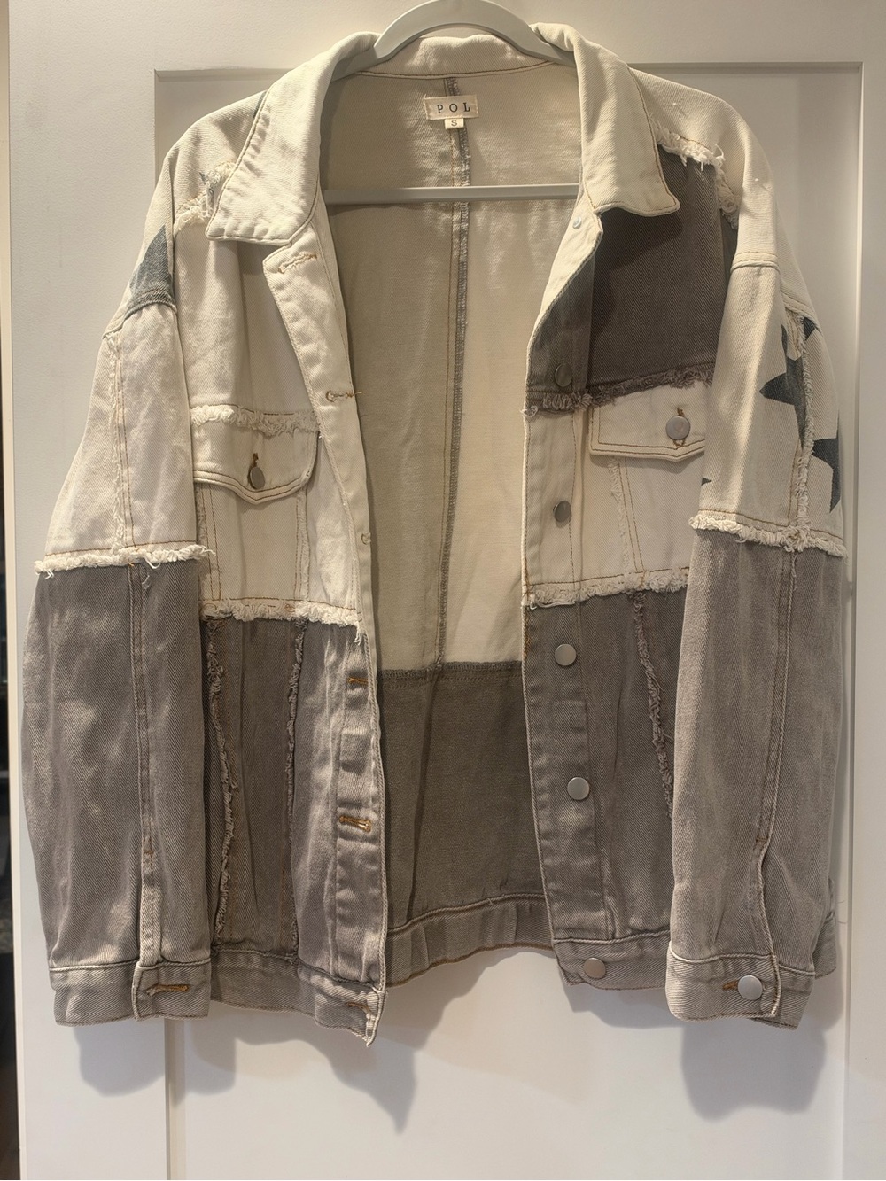 POL Star Patchwork Denim Jacket Size Small Oversized Distressed Boho